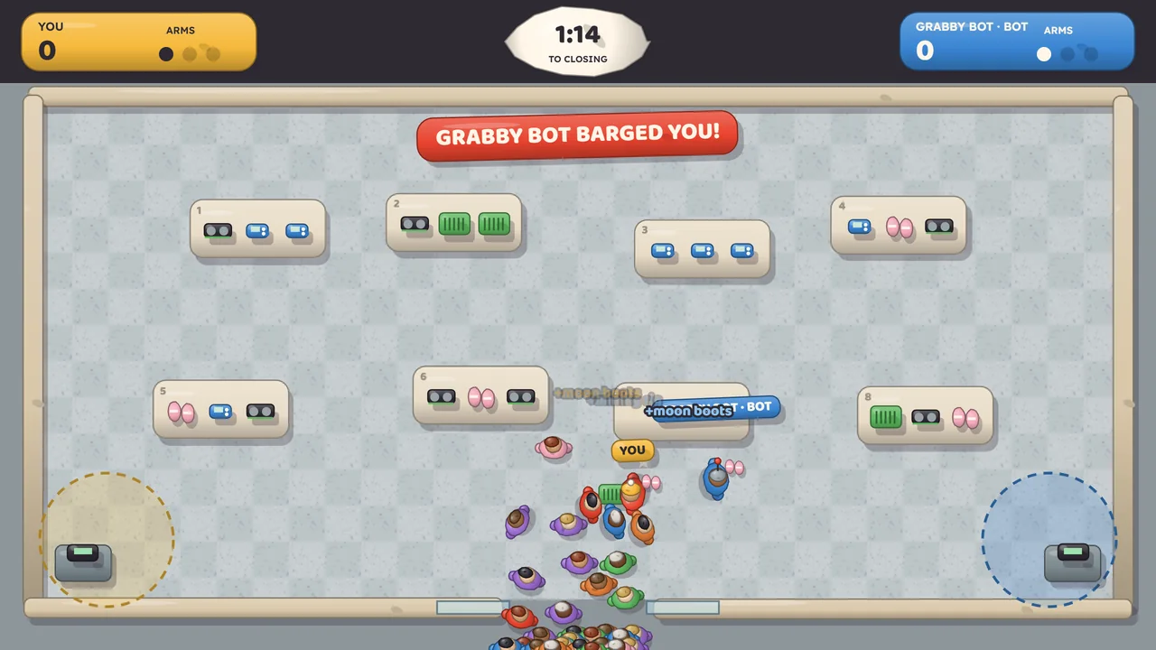 A real frame from the game, seen through the shop's glass doors: a claymation shop floor with display tables of gadgets and shoppers flooding in